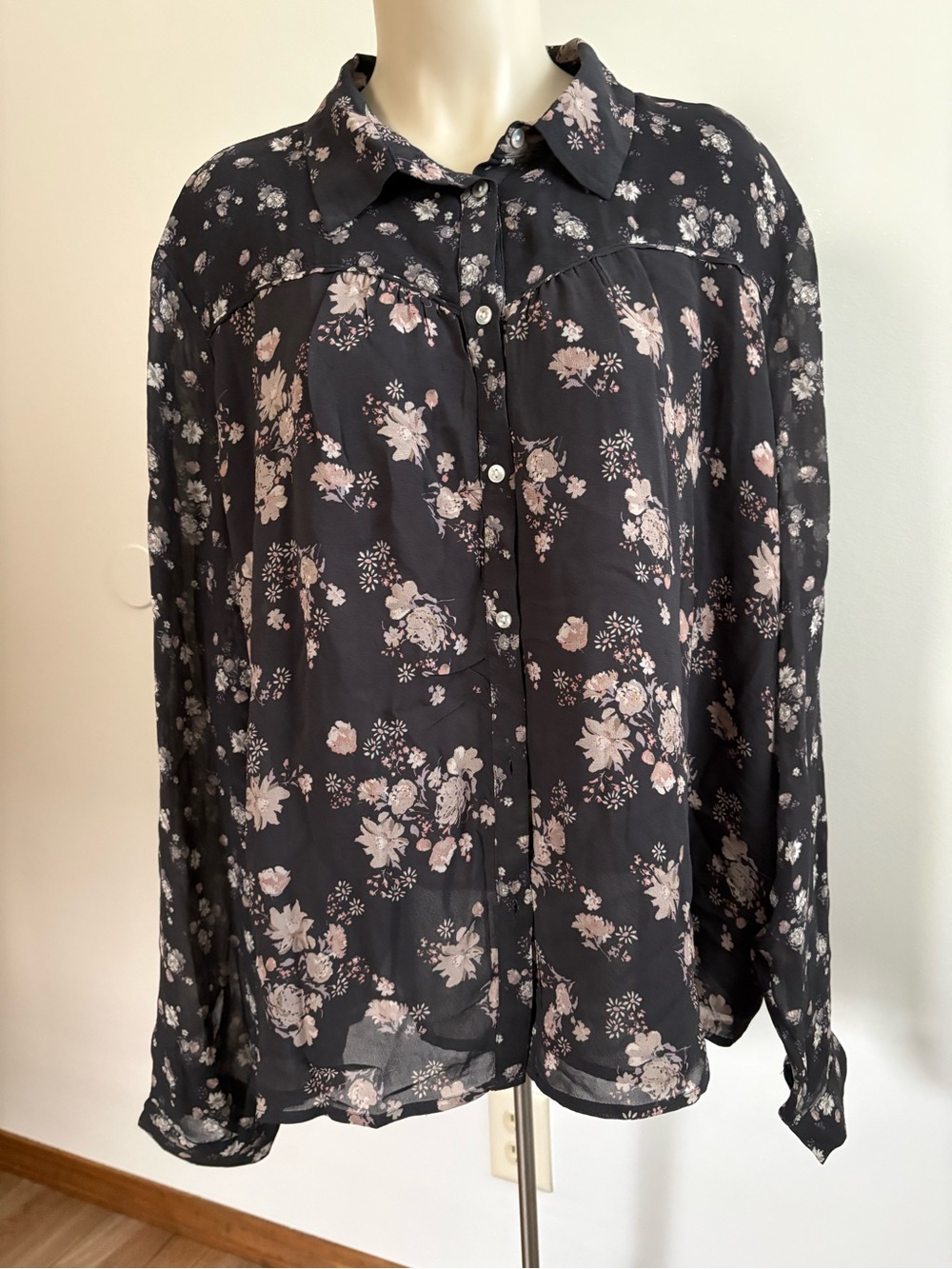 Lucky Brand Print Mix Button Down Shirt Black Floral Sheer Long Sleeve XXL